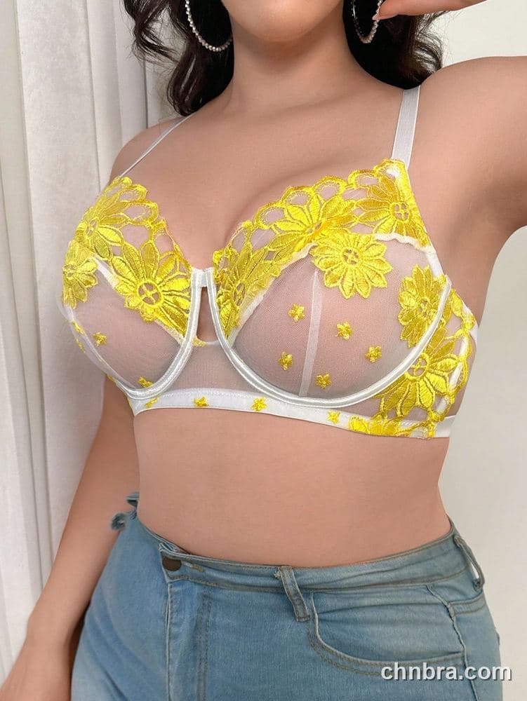 Plus Size Yellow Embroidered Daisy Sheer Mesh Bra – OEM / ODM Lingerie Manufacturer 6