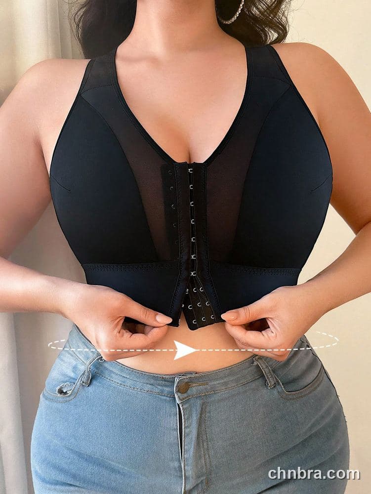 DesireSculpt Plus Size Black Front-Closure Racerback Bra – Factory Wholesale