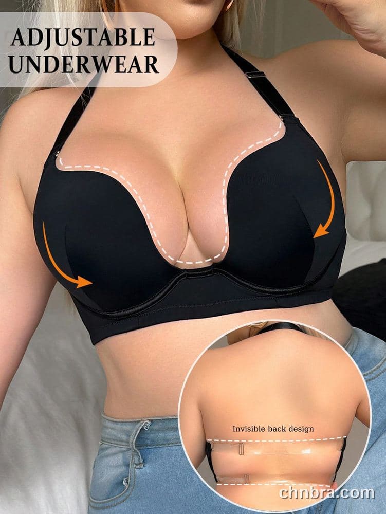 Custom Plus Size Black Halter Deep Plunge Push-Up Bra – Wholesale Direct from Factory