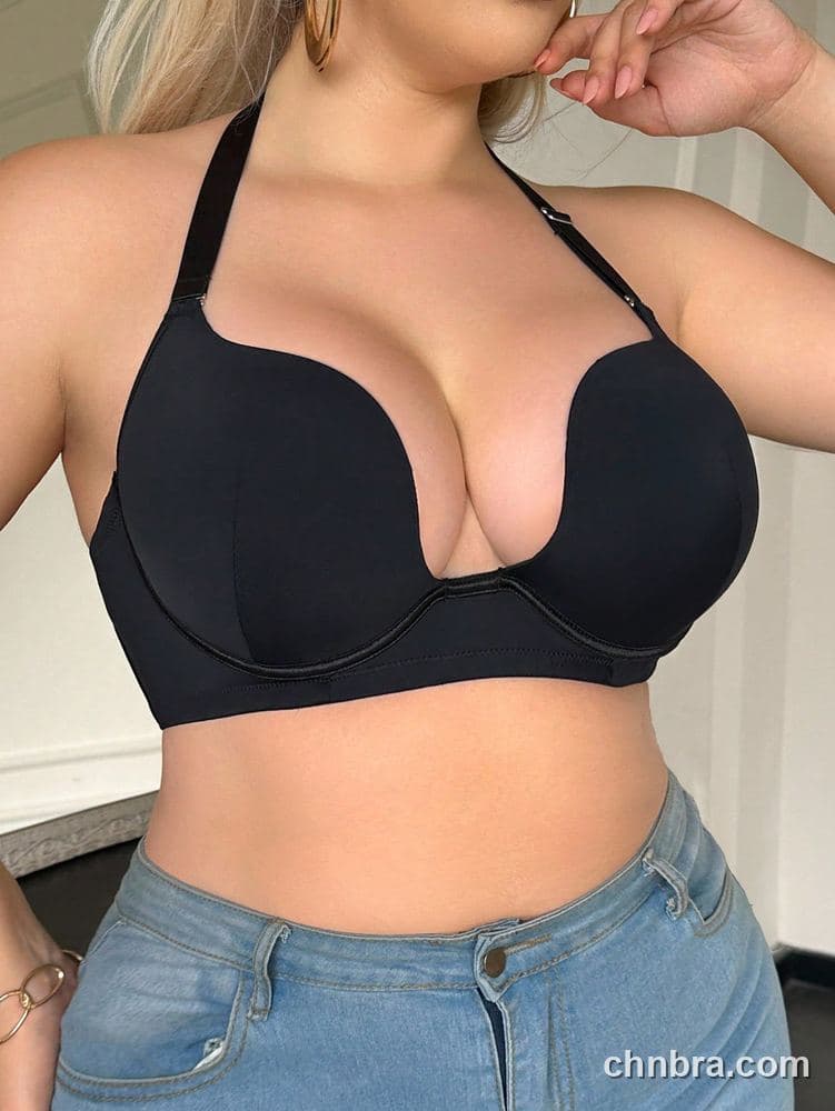 Custom Plus Size Black Halter Deep Plunge Push-Up Bra – Wholesale Direct from Factory 3