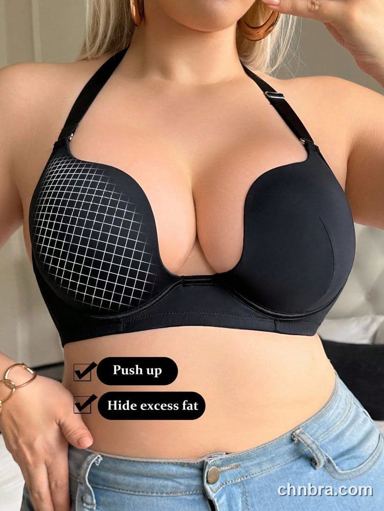 Custom Plus Size Black Halter Deep Plunge Push-Up Bra – Wholesale Direct from Factory 4