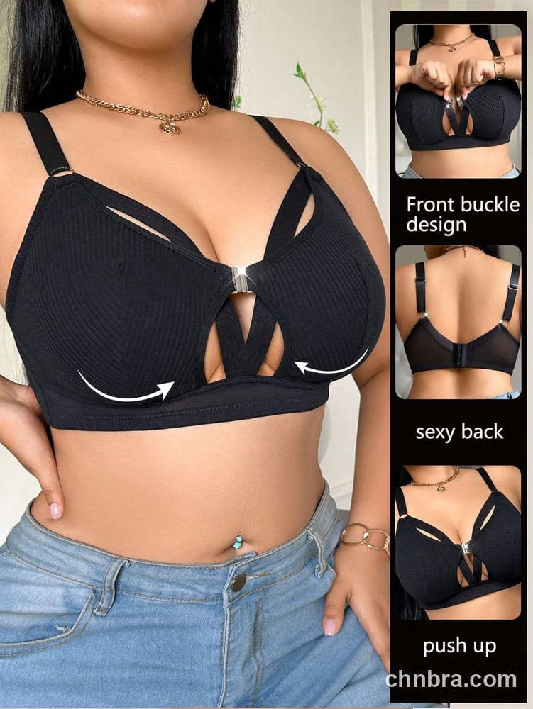 Plus Size Black Ribbed Front-Cutout Double Clasps Bra – OEM / ODM Lingerie Manufacturer 4