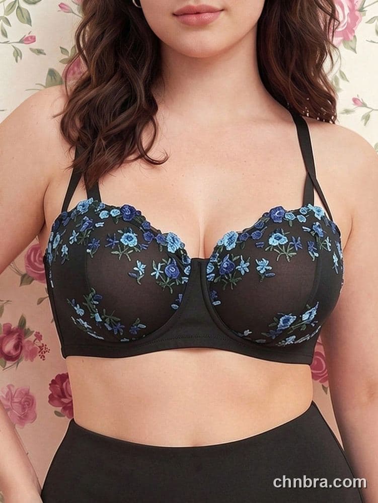 Plus Size Black Embroidered Floral Balconette Bra – OEM / ODM Lingerie Manufacturer