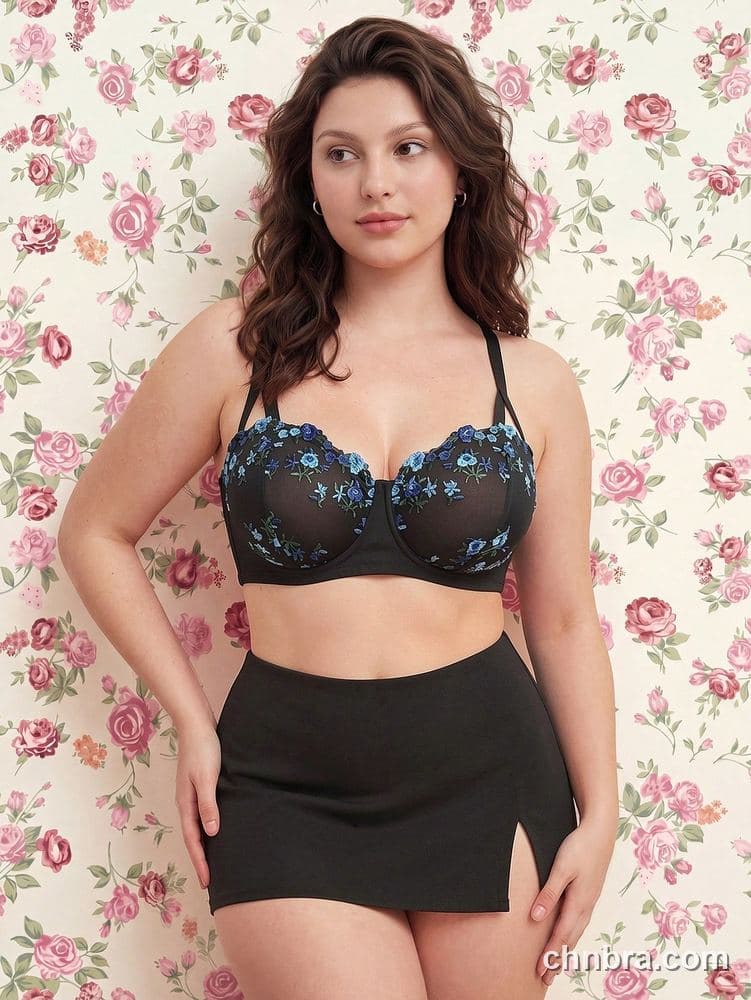 Plus Size Black Embroidered Floral Balconette Bra – OEM / ODM Lingerie Manufacturer 10
