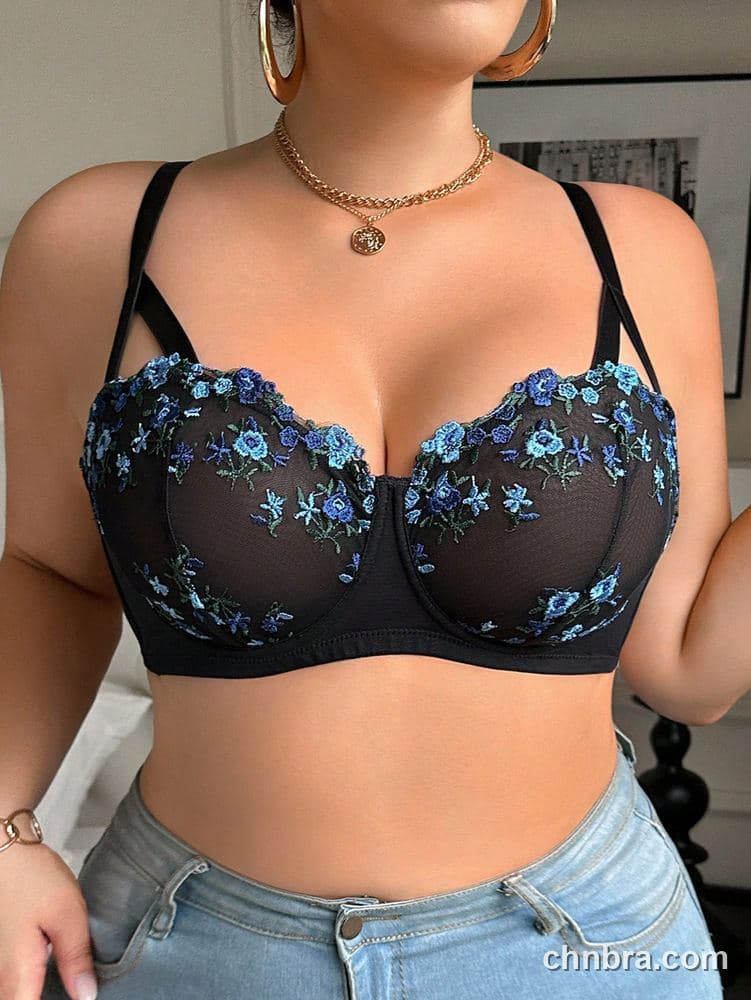 Plus Size Black Embroidered Floral Balconette Bra – OEM / ODM Lingerie Manufacturer 3