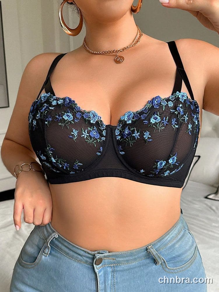 Plus Size Black Embroidered Floral Balconette Bra – OEM / ODM Lingerie Manufacturer 4