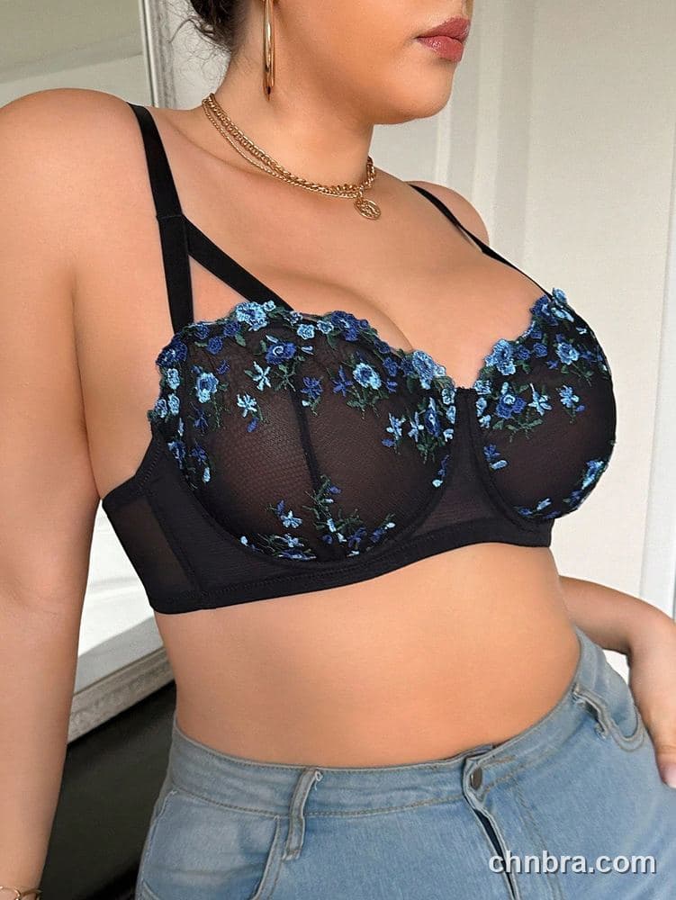 Plus Size Black Embroidered Floral Balconette Bra – OEM / ODM Lingerie Manufacturer 5