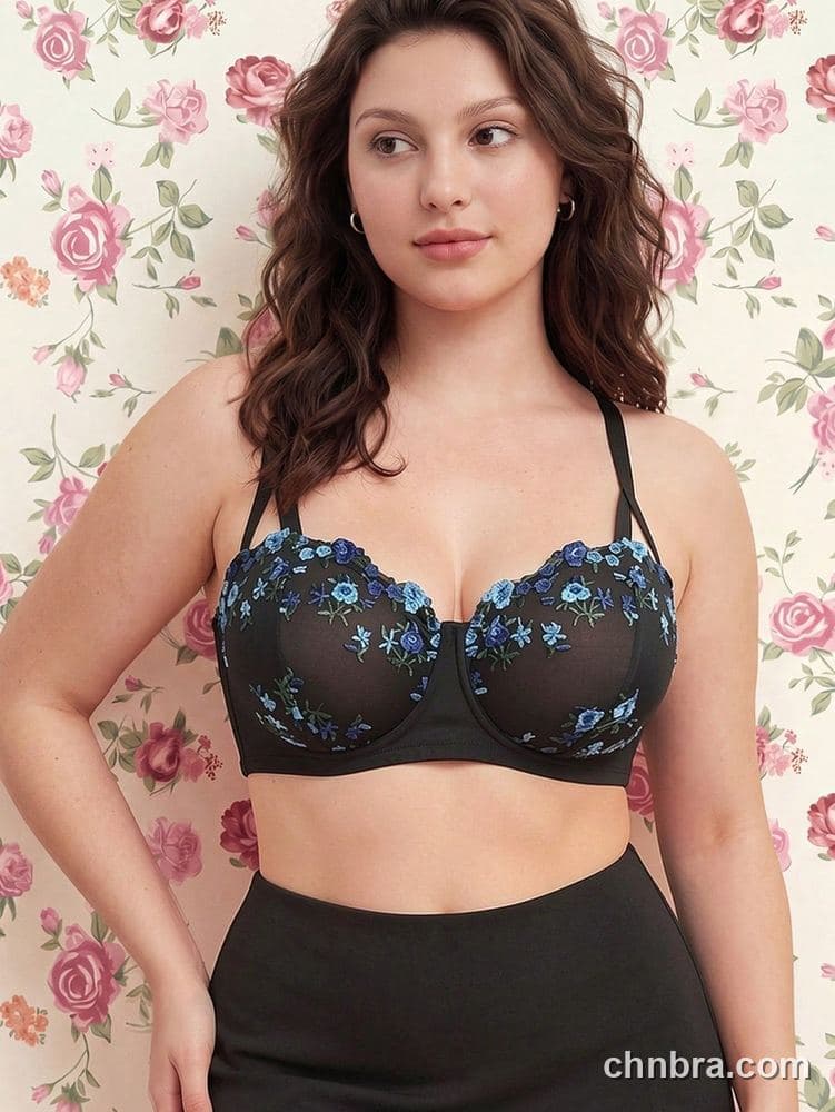 Plus Size Black Embroidered Floral Balconette Bra – OEM / ODM Lingerie Manufacturer 6