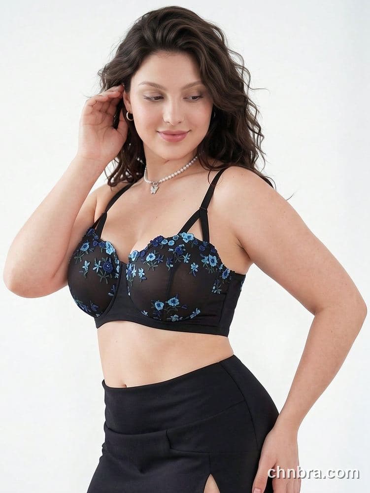 Plus Size Black Embroidered Floral Balconette Bra – OEM / ODM Lingerie Manufacturer 8