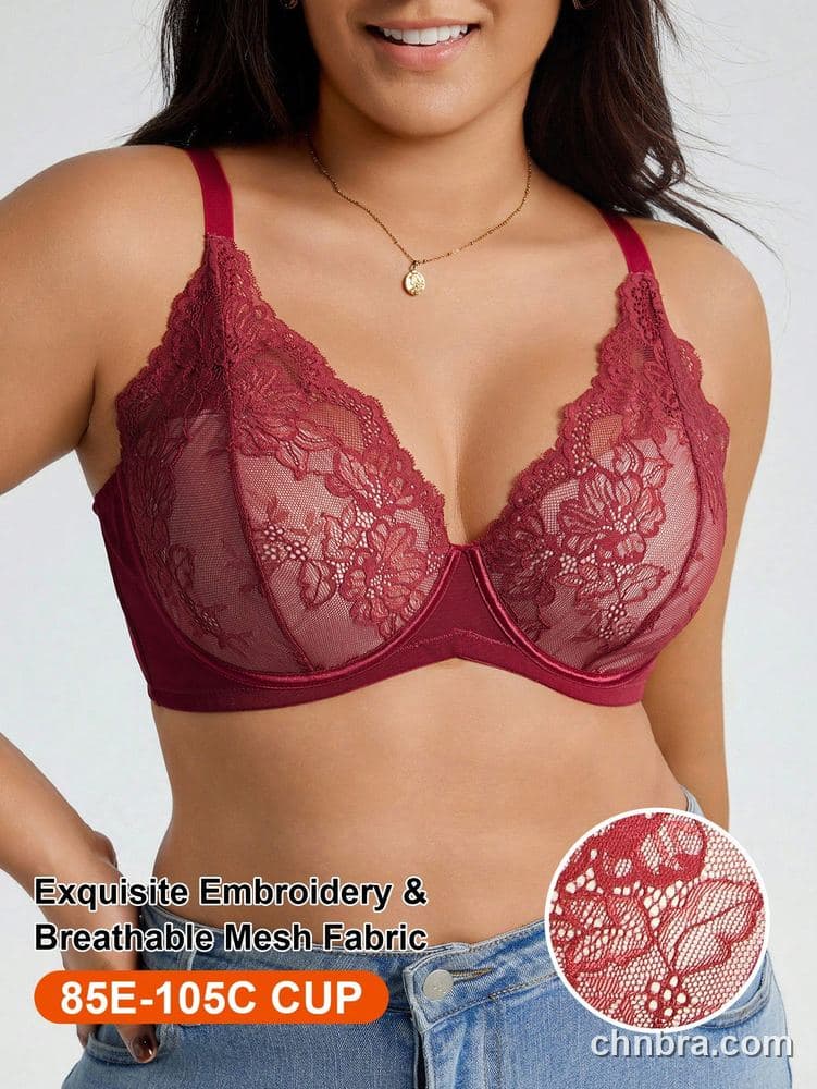 Plus Size Burgundy Floral Lace + Breathable Mesh Plunge Bra – Wholesale Lingerie Manufacturing Factory