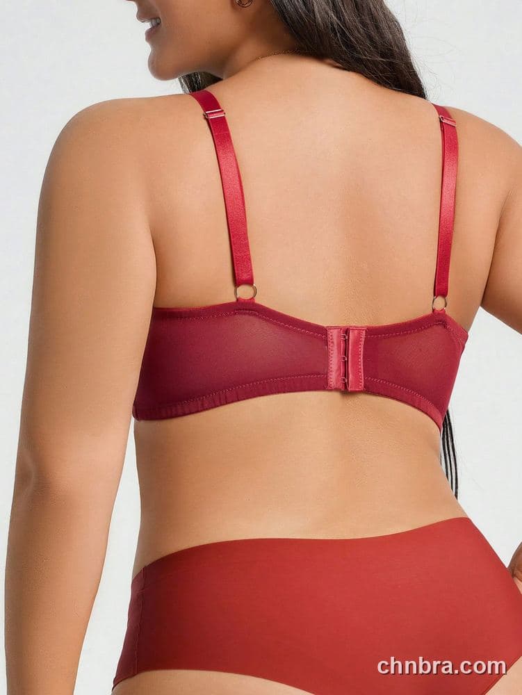Plus Size Burgundy Floral Lace + Breathable Mesh Plunge Bra – Wholesale Lingerie Manufacturing Factory 2