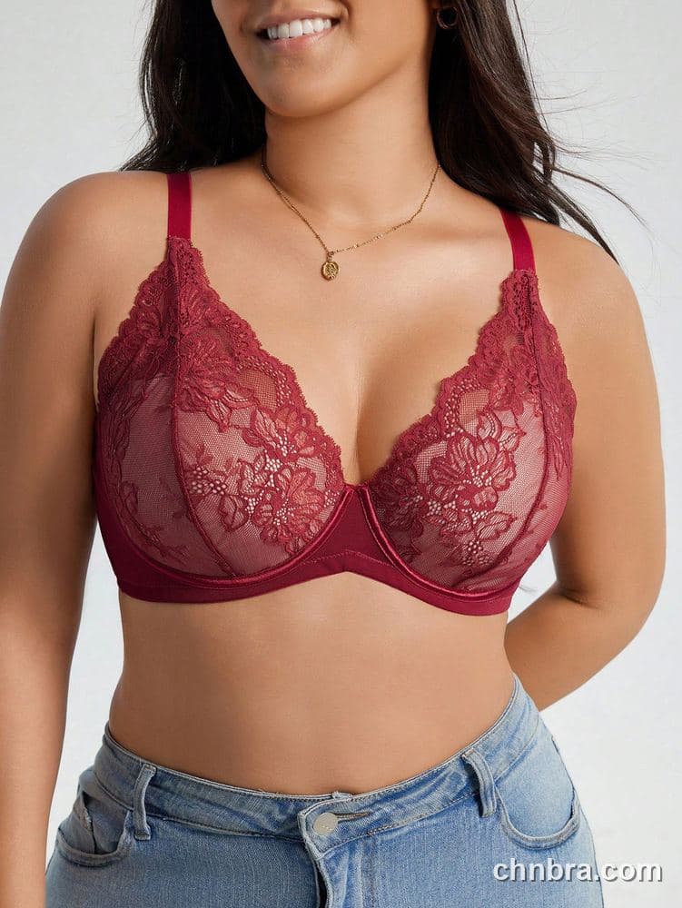 Plus Size Burgundy Floral Lace + Breathable Mesh Plunge Bra – Wholesale Lingerie Manufacturing Factory 4