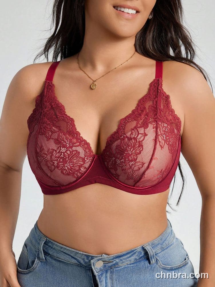 Plus Size Burgundy Floral Lace + Breathable Mesh Plunge Bra – Wholesale Lingerie Manufacturing Factory 5