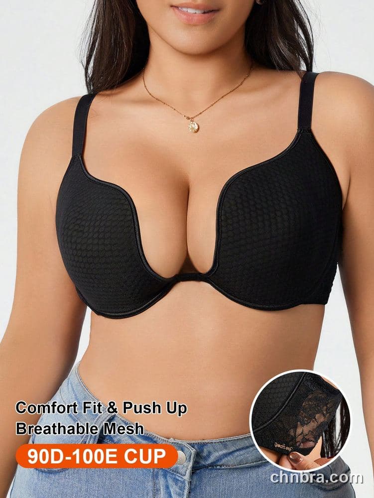 Plus Size Black Honeycomb Deep U-Plunge Push-Up Bra – Bulk Wholesale, Lingerie Supplier