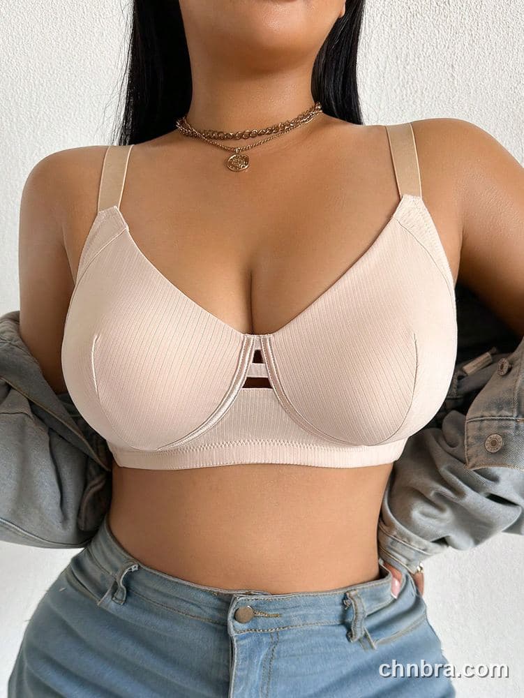 Plus Size Beige Ribbed Wire-Free Bra – Wholesale Lingerie Manufacturing Factory 4