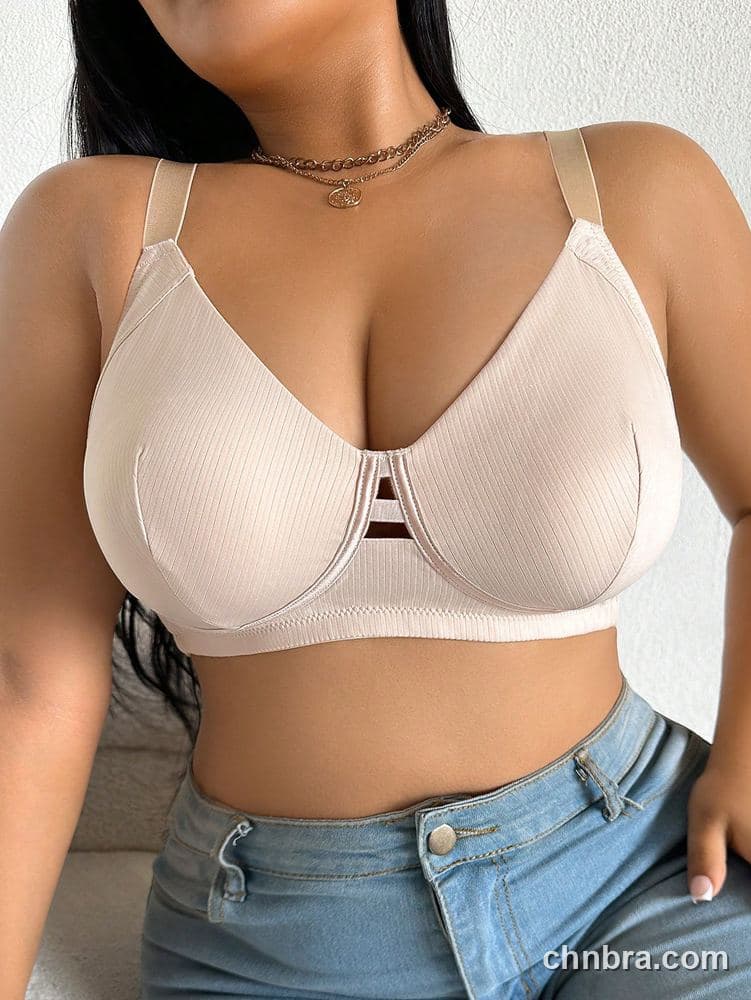Plus Size Beige Ribbed Wire-Free Bra – Wholesale Lingerie Manufacturing Factory 6