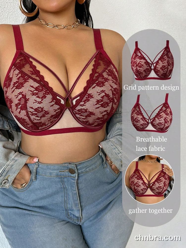 DesireSculpt Plus Size Burgundy Sheer Lace Strappy Plunge Bra – Factory Wholesale
