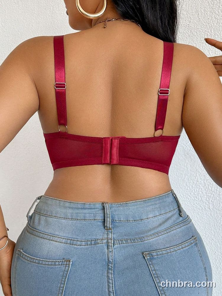 DesireSculpt Plus Size Burgundy Sheer Lace Strappy Plunge Bra – Factory Wholesale 2