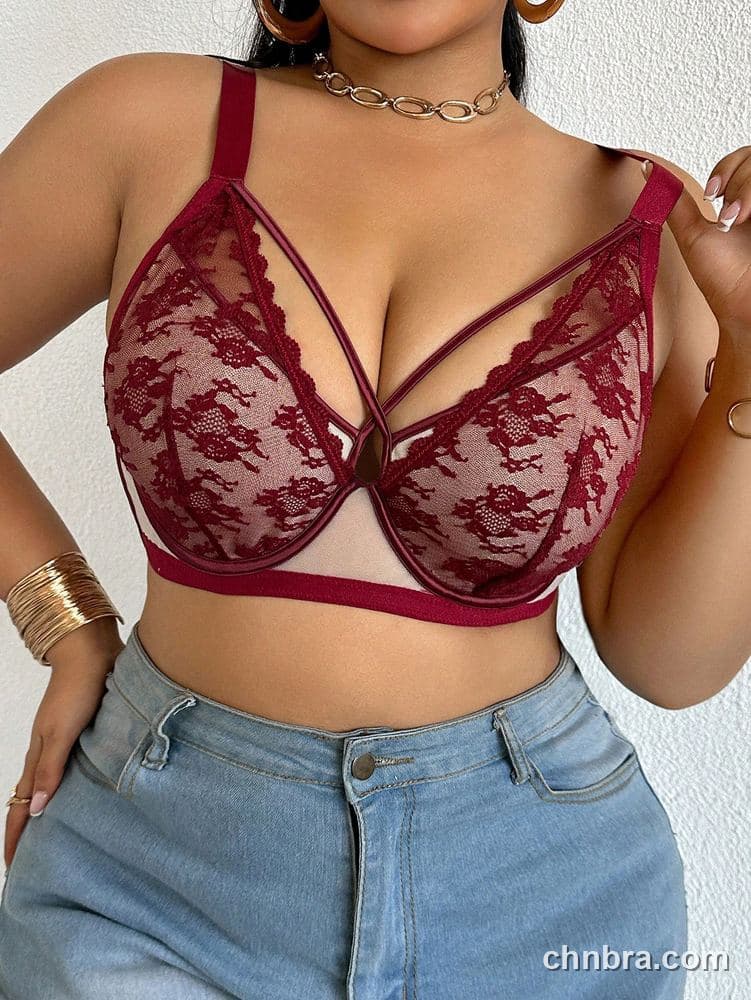 DesireSculpt Plus Size Burgundy Sheer Lace Strappy Plunge Bra – Factory Wholesale 5