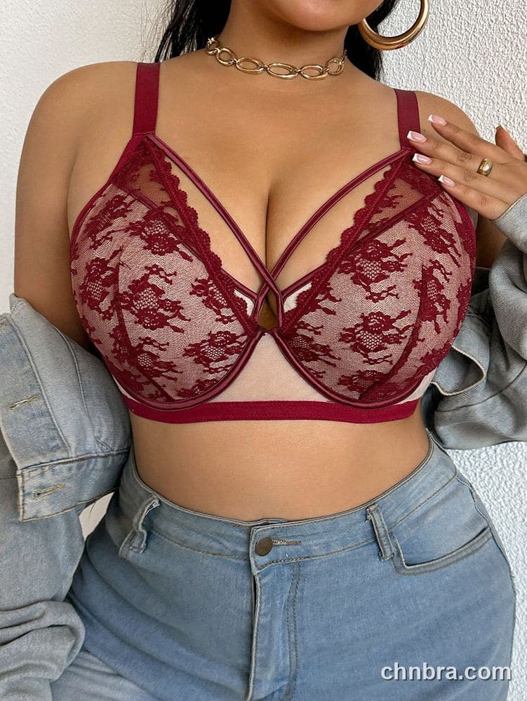 DesireSculpt Plus Size Burgundy Sheer Lace Strappy Plunge Bra – Factory Wholesale 6