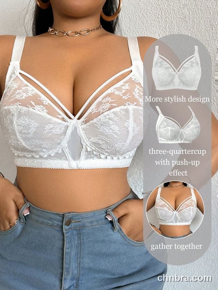 Custom Plus Size White Lace Strappy Three-Quarter Cup Push-Up Bra – Wholesale Direct from Factory