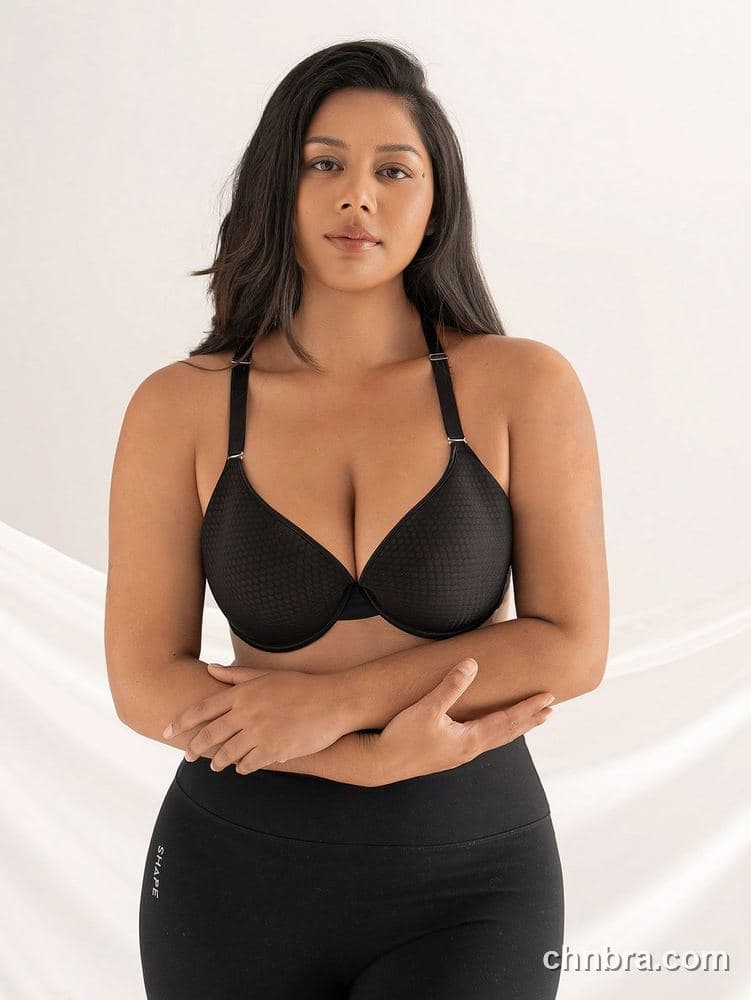 DesireSculpt Plus Size Black Honeycomb-Texture T-Shirt Bra – Factory Wholesale 5
