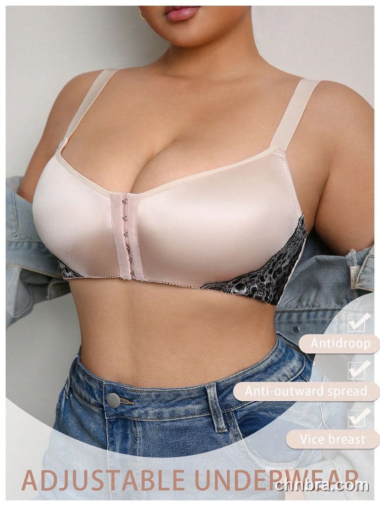 Plus Size Pink Satin Front Pull-Buckle Gathering Bra – Wholesale Lingerie Manufacturing Factory 4