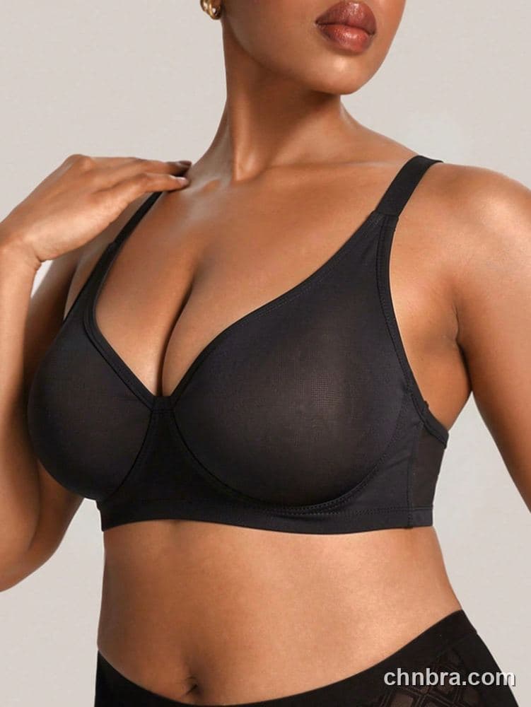 Plus Size Black Sheer Microfiber Wire-Free Full Coverage Bra – Wholesale Lingerie Manufacturing Factory