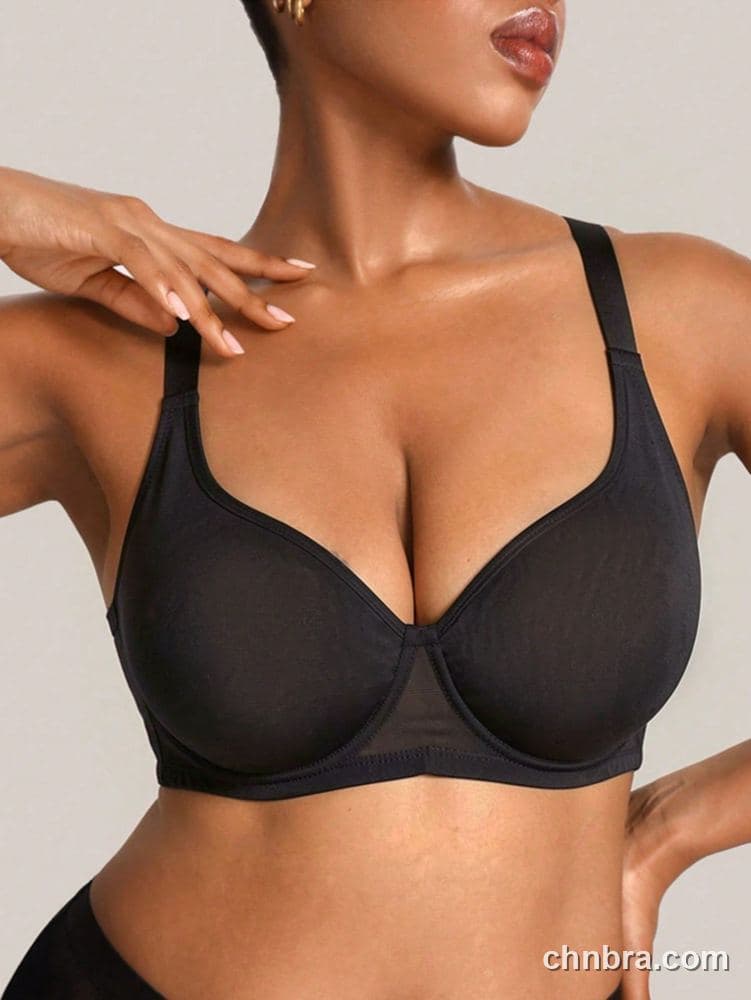 Plus Size Black Sheer Microfiber Wire-Free Full Coverage Bra – Wholesale Lingerie Manufacturing Factory 3