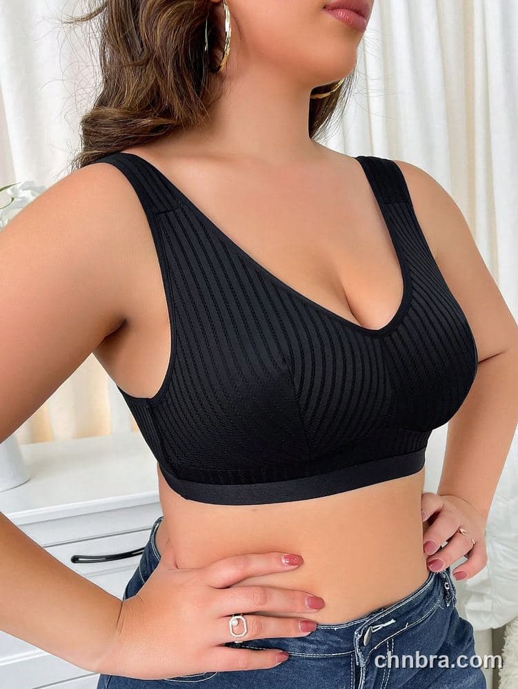 Plus Size Black Shadow-Stripe Ribbed Pull-On Bralette – OEM / ODM Lingerie Manufacturer