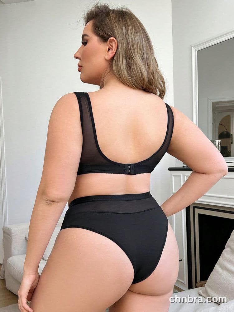 Wholesale Plus Size Solid Black Mesh-Yoke Tank Bra & Panty Set – Direct Factory 2