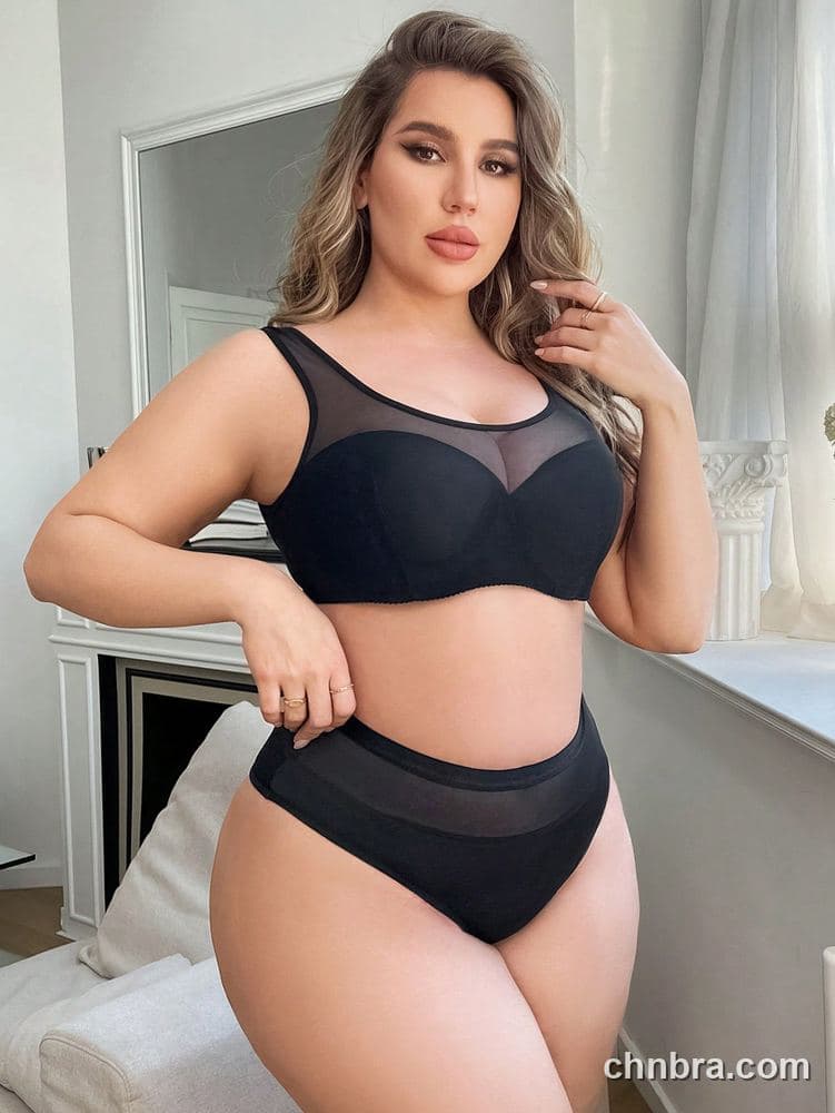 Wholesale Plus Size Solid Black Mesh-Yoke Tank Bra & Panty Set – Direct Factory 3