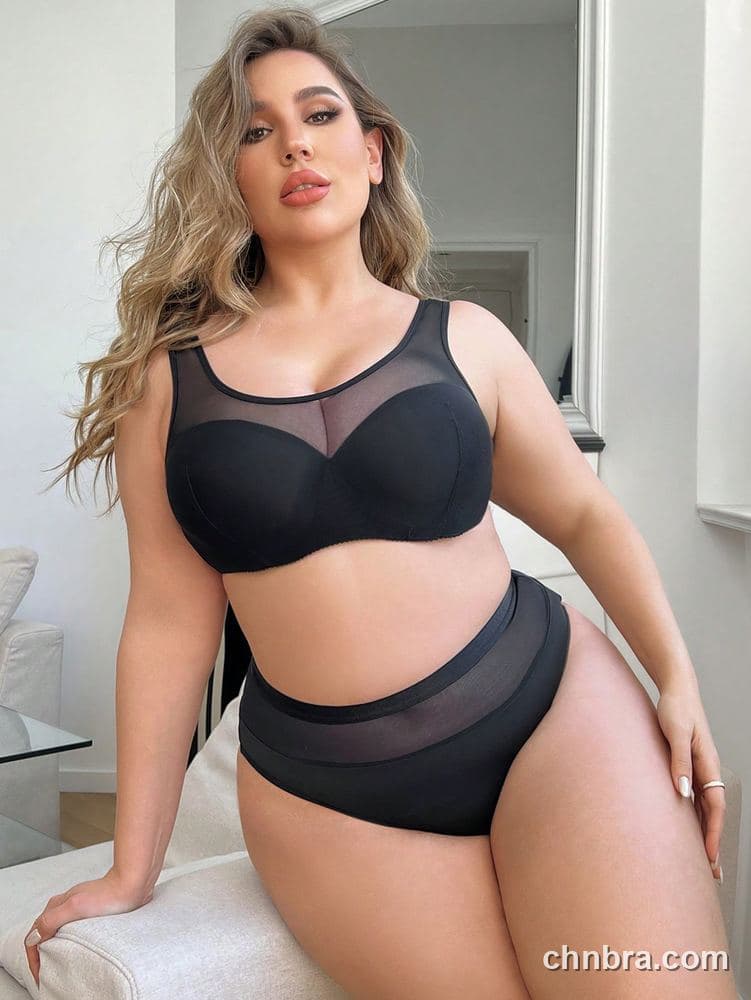 Wholesale Plus Size Solid Black Mesh-Yoke Tank Bra & Panty Set – Direct Factory 4