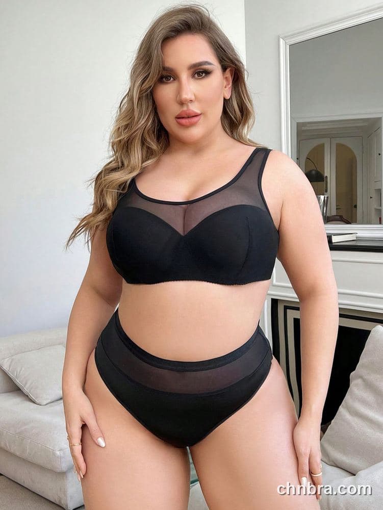 Wholesale Plus Size Solid Black Mesh-Yoke Tank Bra & Panty Set – Direct Factory 5