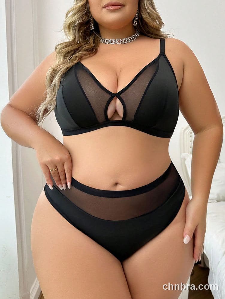 Women's Plus Size Solid Black Mesh Keyhole Triangle Bra & Panty Set – Factory Wholesale