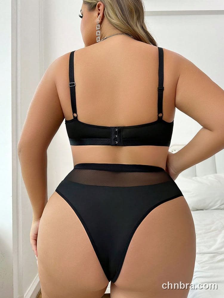 Women's Plus Size Solid Black Mesh Keyhole Triangle Bra & Panty Set – Factory Wholesale 2