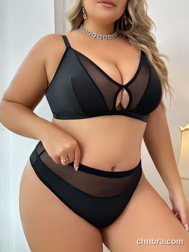 Women's Plus Size Solid Black Mesh Keyhole Triangle Bra & Panty Set – Factory Wholesale 3