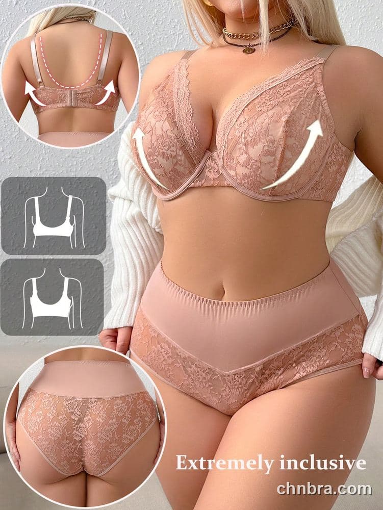 Plus Size Solid Pink Lace Plunge Bra & Panty Set – Wholesale Lingerie Manufacturing Factory 5