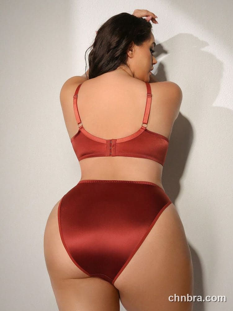 Custom Plus Size Solid Burgundy Satin Plunge Push-Up Bra & Panty Set – Wholesale Direct from Factory 2