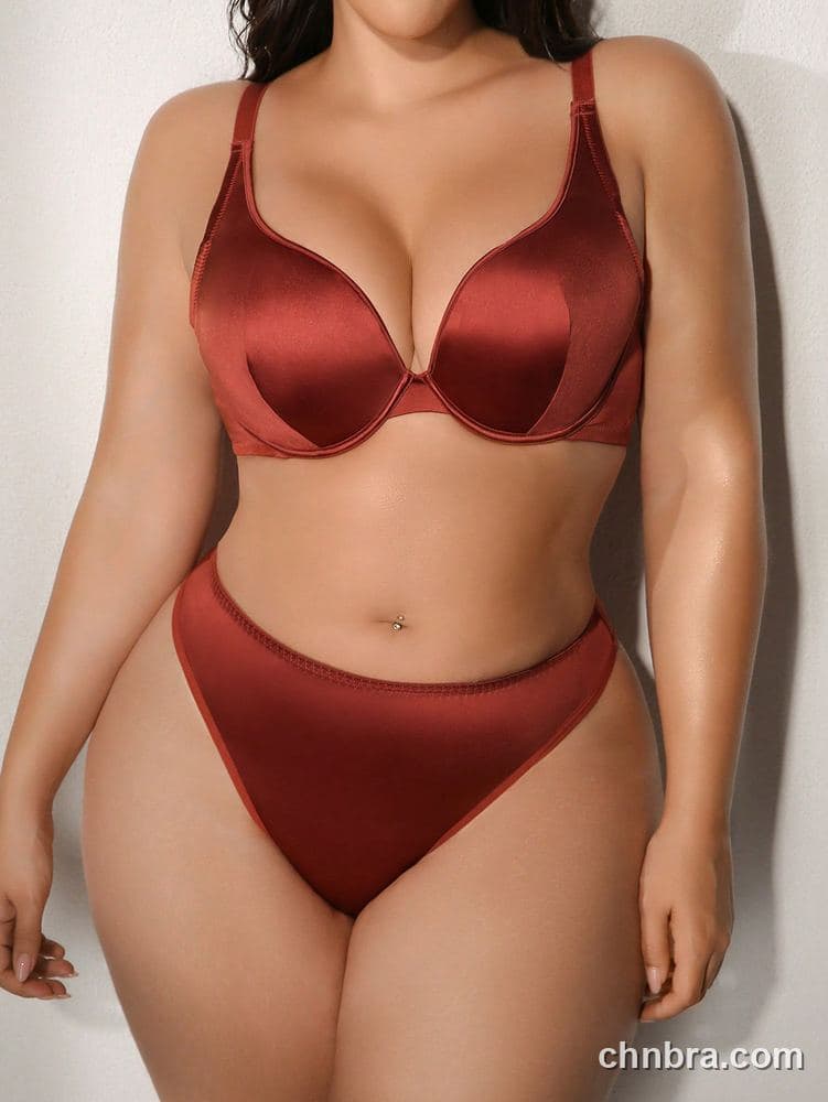 Custom Plus Size Solid Burgundy Satin Plunge Push-Up Bra & Panty Set – Wholesale Direct from Factory 3