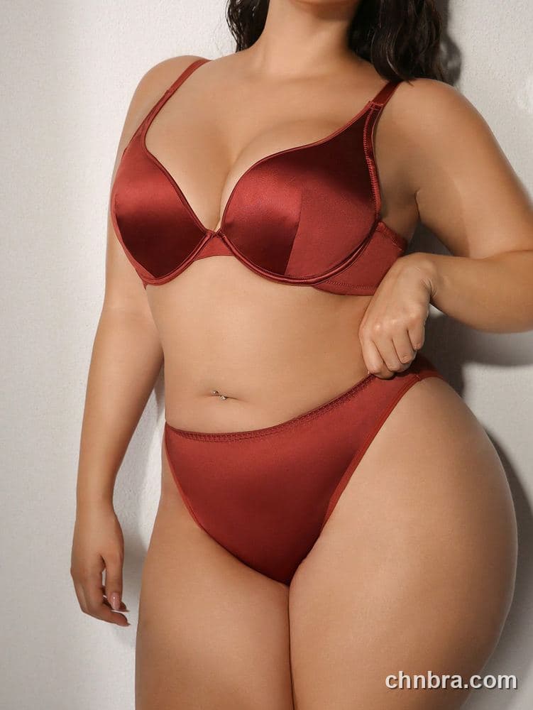 Custom Plus Size Solid Burgundy Satin Plunge Push-Up Bra & Panty Set – Wholesale Direct from Factory 4