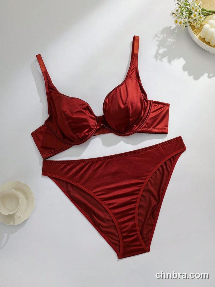 Custom Plus Size Solid Burgundy Satin Plunge Push-Up Bra & Panty Set – Wholesale Direct from Factory 6