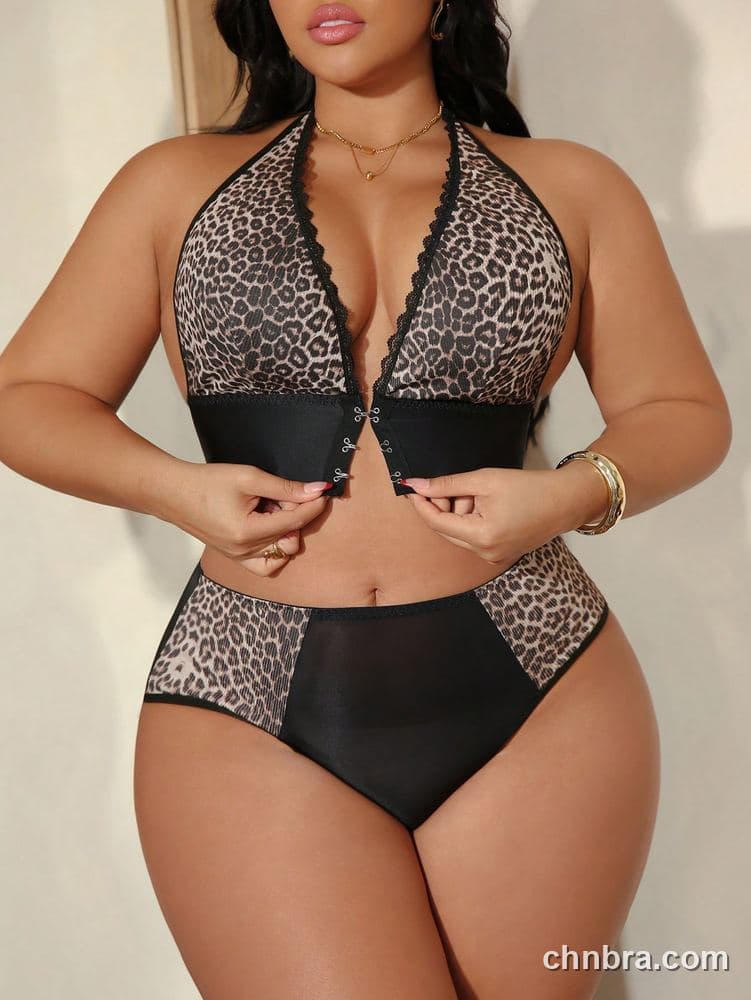 Plus Size Leopard Halter Bralette & Panty Set – Bulk Wholesale, Lingerie Supplier 3