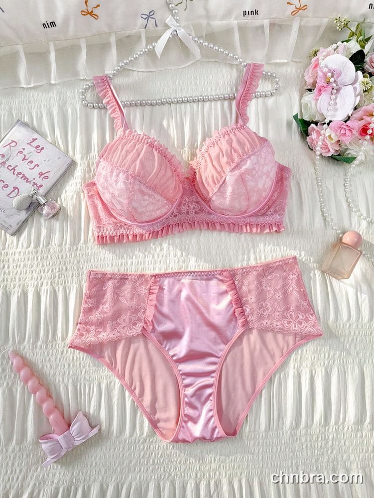 Wholesale Plus Size Solid Pink Ruched Mesh & Lace Bra & Panty Set – Direct Factory 3