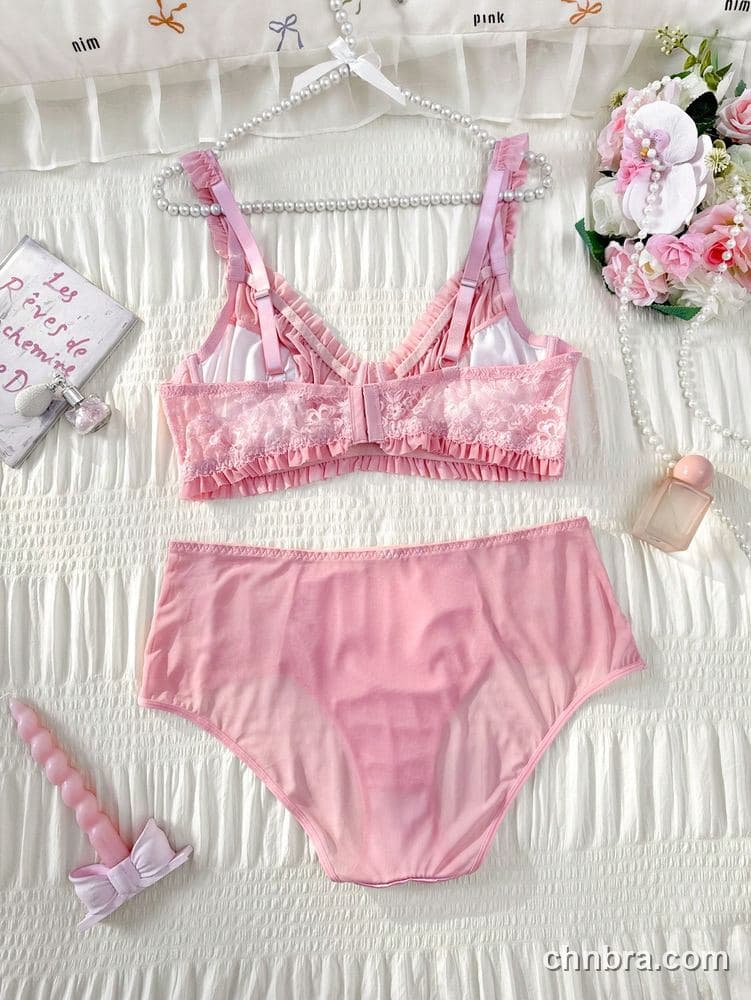 Wholesale Plus Size Solid Pink Ruched Mesh & Lace Bra & Panty Set – Direct Factory 8