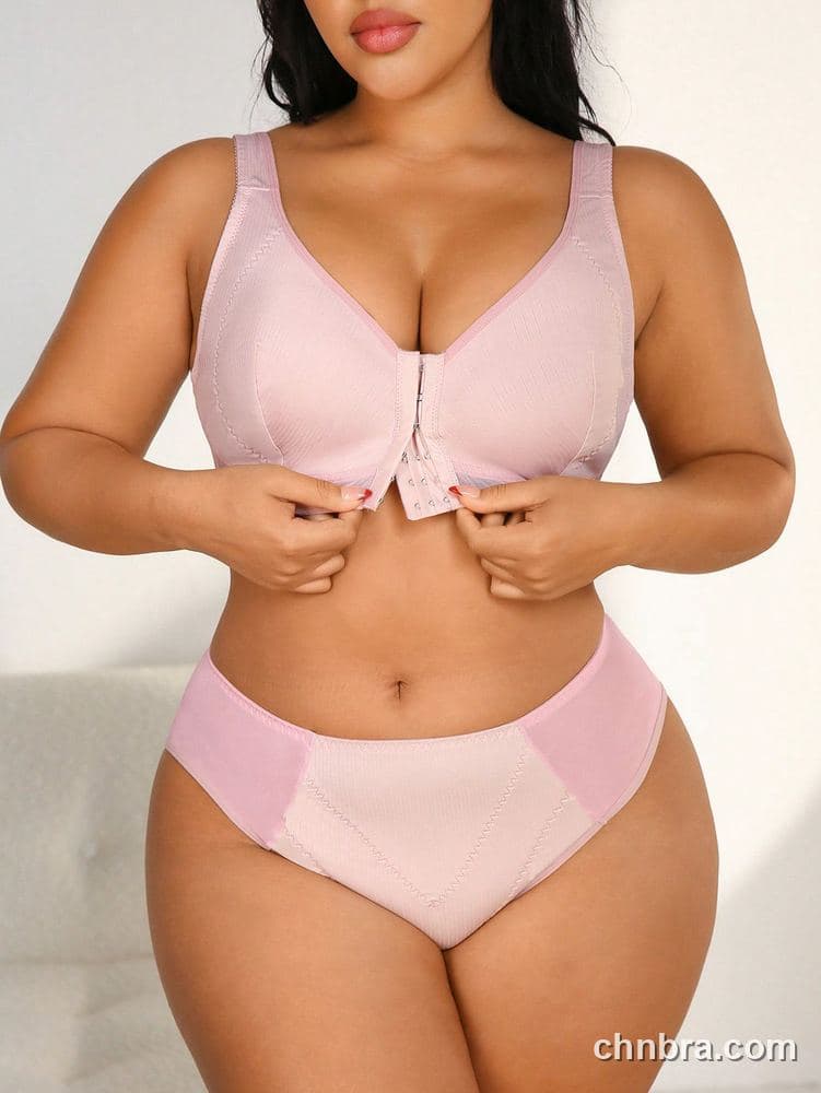 Plus Size Solid Pink Ribbed Front-Closure Bra & Panty Set – OEM / ODM Lingerie Manufacturer