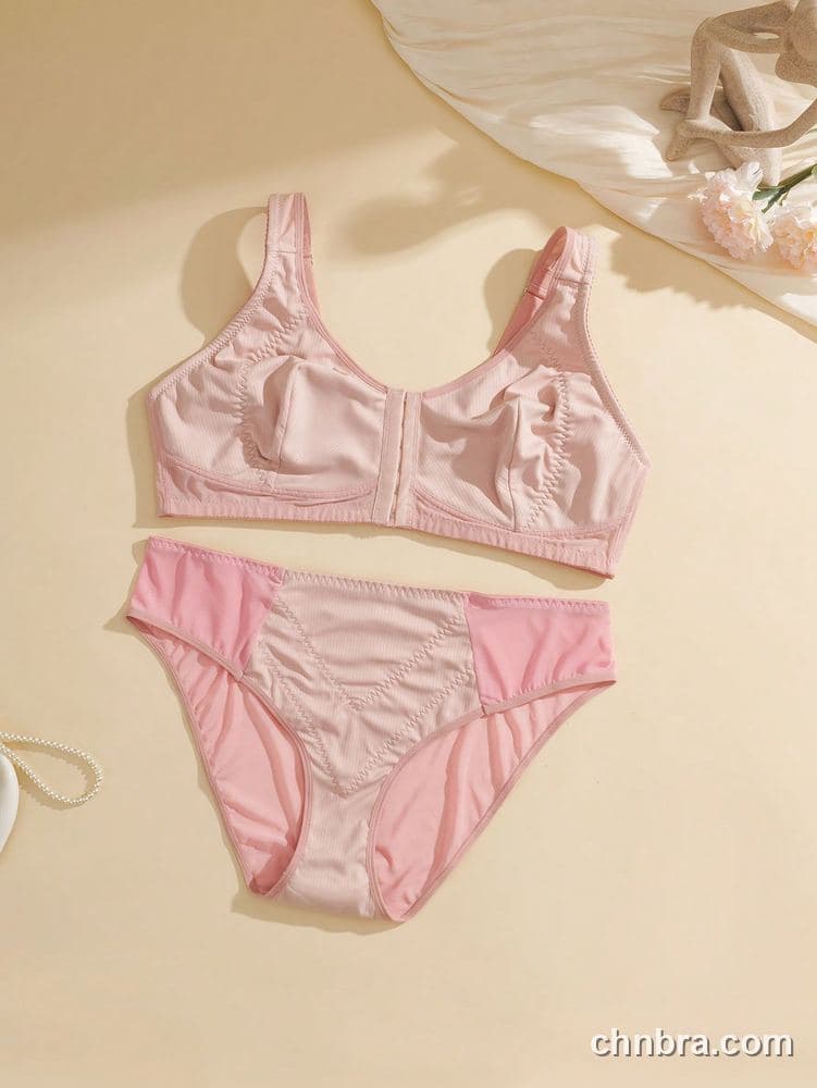 Plus Size Solid Pink Ribbed Front-Closure Bra & Panty Set – OEM / ODM Lingerie Manufacturer 6