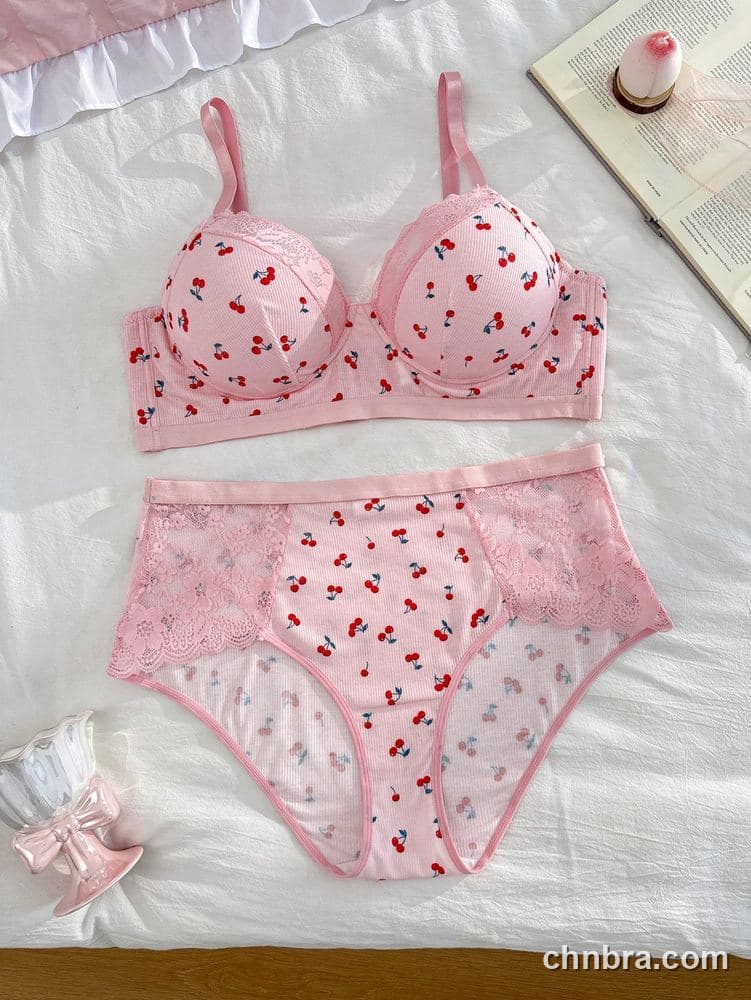 Women's Plus Size Cherry Print Ribbed Bra & Panty Set – Factory Wholesale