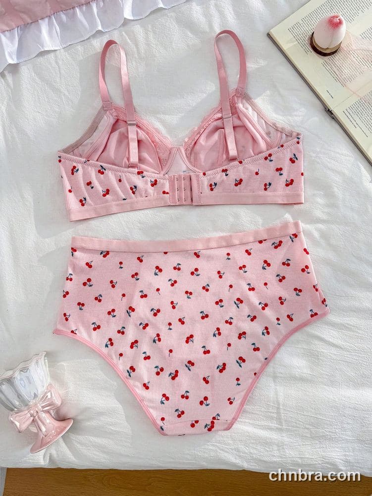 Women's Plus Size Cherry Print Ribbed Bra & Panty Set – Factory Wholesale 2