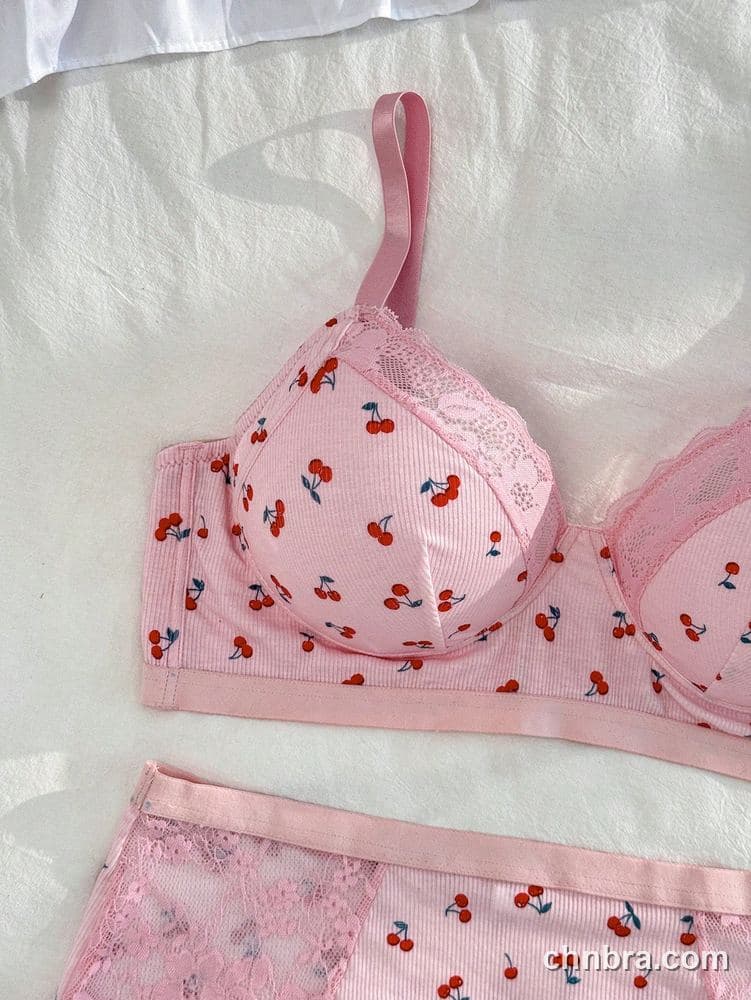 Women's Plus Size Cherry Print Ribbed Bra & Panty Set – Factory Wholesale 3